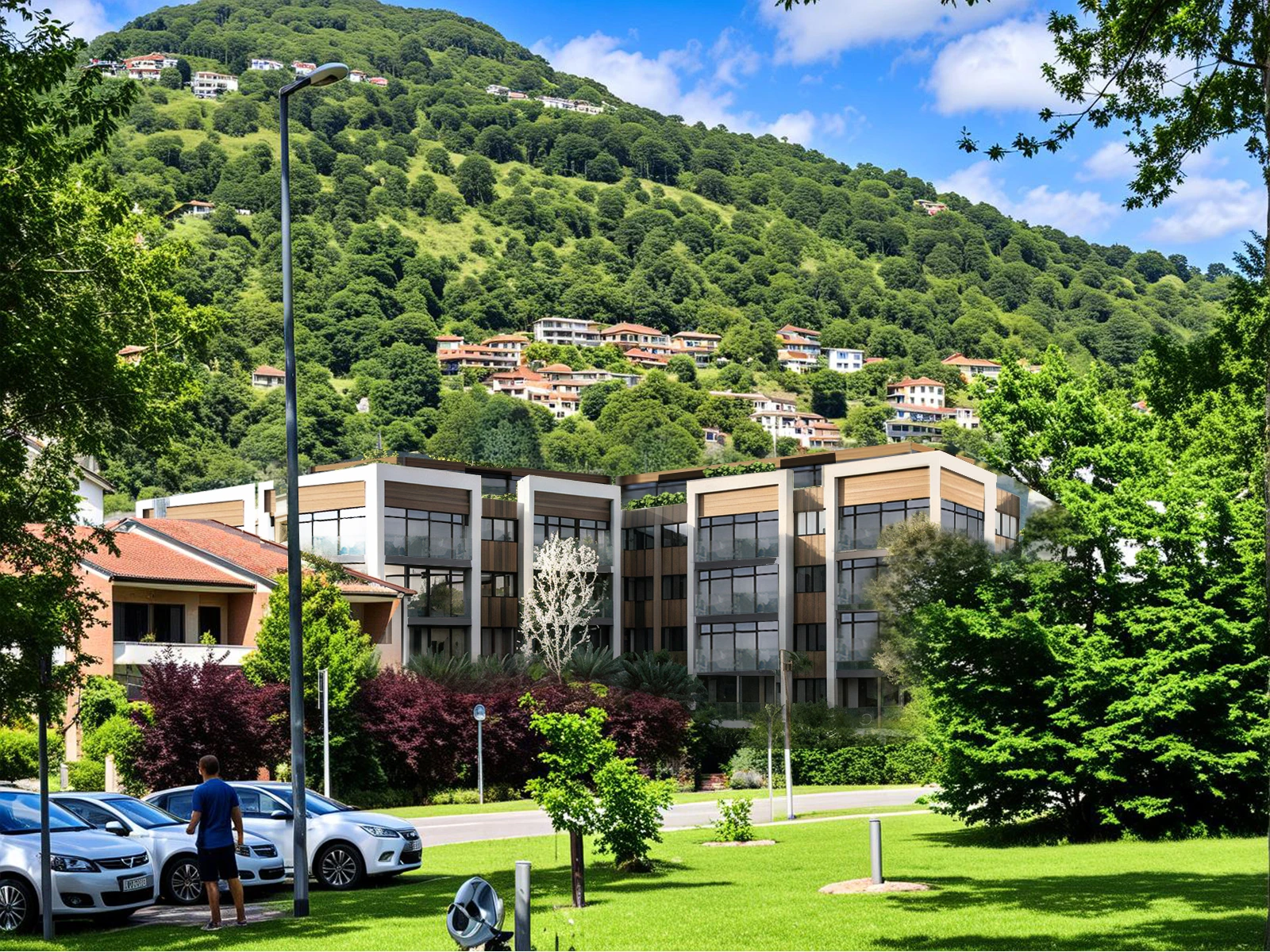دریاچه ماجوره · Proposed residence in its green hillside setting — تصویرسازی معماری.